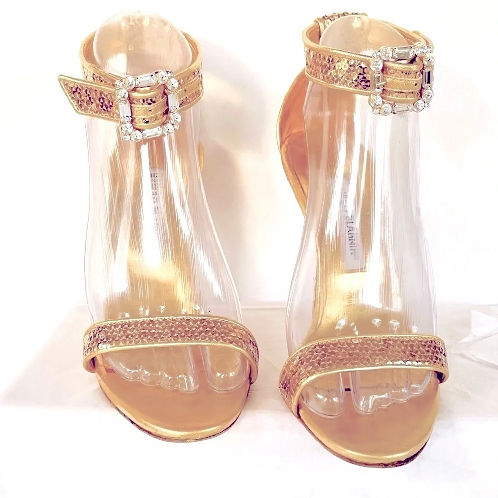 Manolo Blahnik gold sequin heels with crystal buckle 38